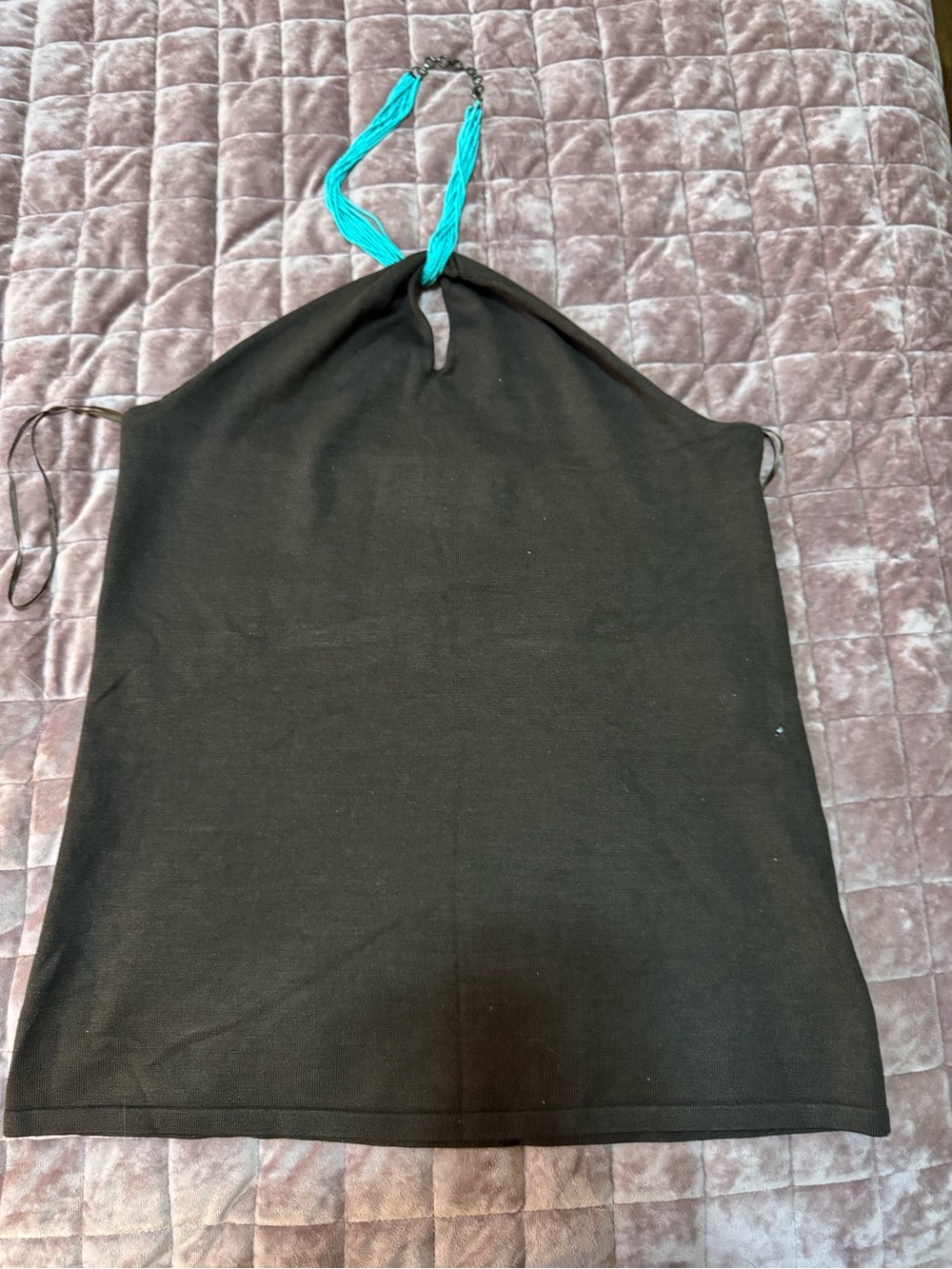 Lauren Ralph Lauren Silk Blend Halter Top XL Espresso Turquoise Beaded Neck NWT